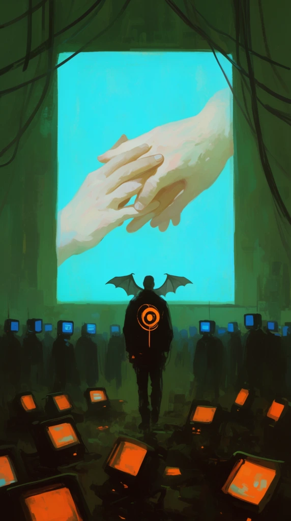 giant cyan screen showing pale intertwined hands, figure with bat and glowing orange circular symbol on dark jacket facing screen, shadowy crowd with blue monitor heads, scattered ground monitors with orange glow, dark green dystopian setting, hanging cables, painterly digital art