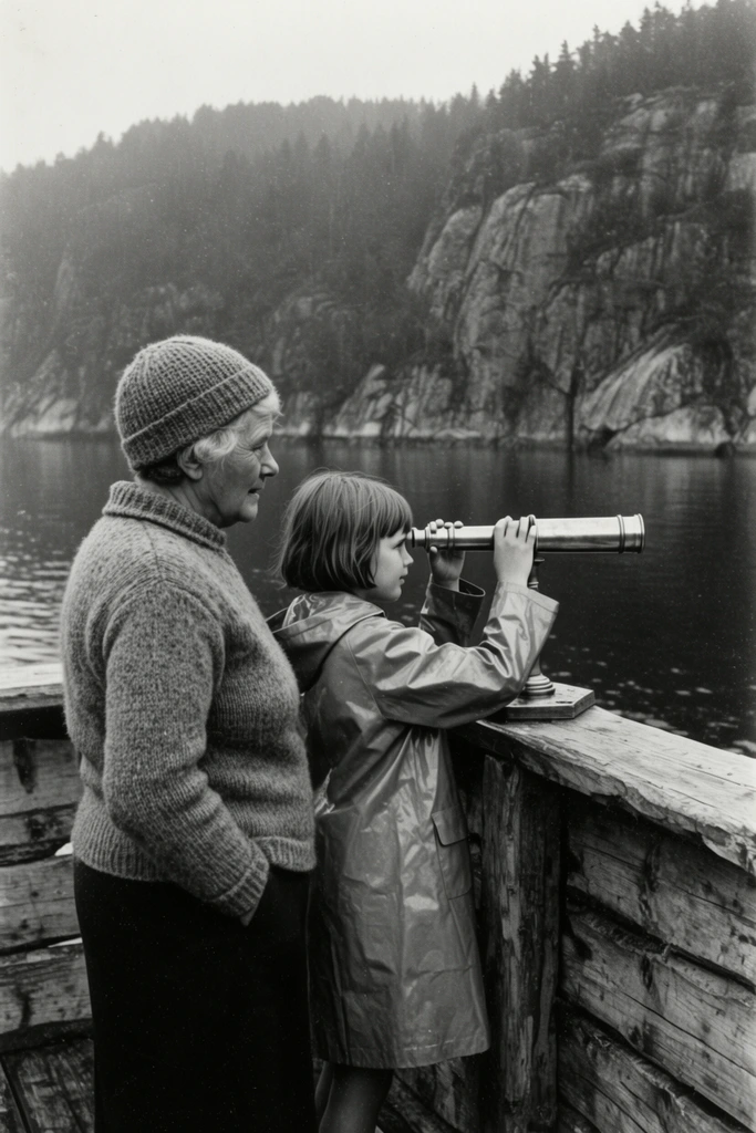older woman in a thick wool sweater and knit beanie standing next to a young girl in a raincoat, girl looking through a brass telescope over the water, rough wooden viewing deck above a misty fjord, older woman observing with hands in pockets, dark calm water, steep rocky cliffs and dense pine forest in the distance, black and white vintage photography, grainy texture, overcast sky, side profile shot