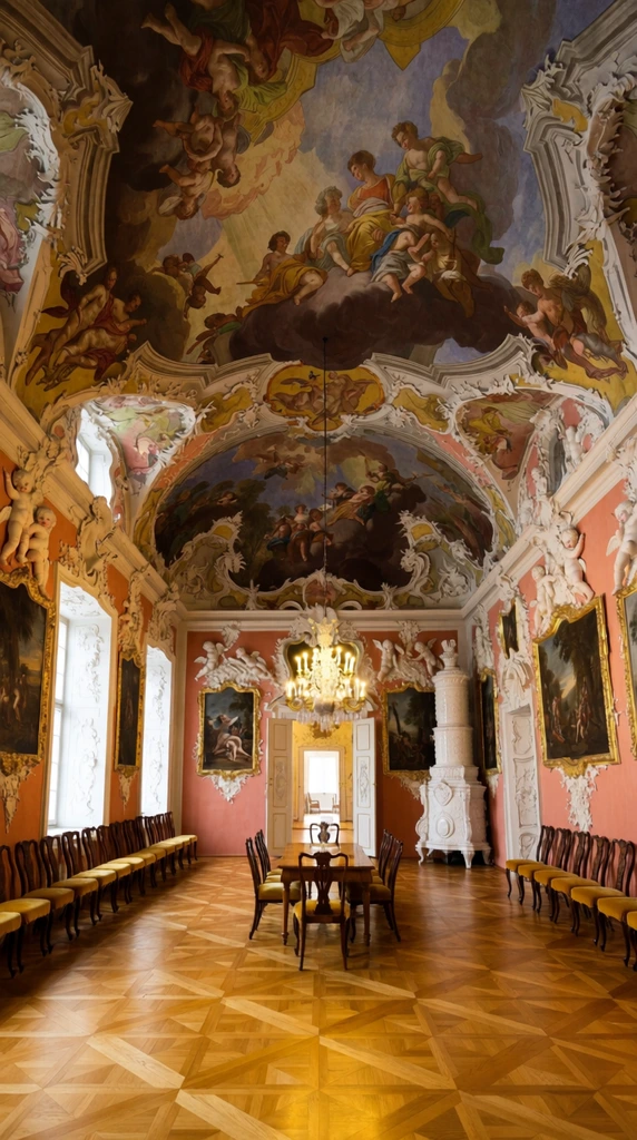 A grandiose Baroque hall with a vaulted ceiling enveloped in dramatic classical frescoes and elaborate stucco moldings. Long rows of dark wooden chairs with mustard-yellow seats line the left wall beneath tall, bright windows. A central wooden dining table is illuminated by a glowing multi-tiered crystal chandelier. Warm salmon-pink walls display large framed oil paintings and intricate white reliefs of cherubs. A tall, ornate white ceramic stove anchors the right corner. Open double doors at the far end reveal a brightly lit adjacent room. The wide-angle architectural photography captures the polished geometric parquet flooring and a rich, warm color palette of ochre, pink, and dark brown.