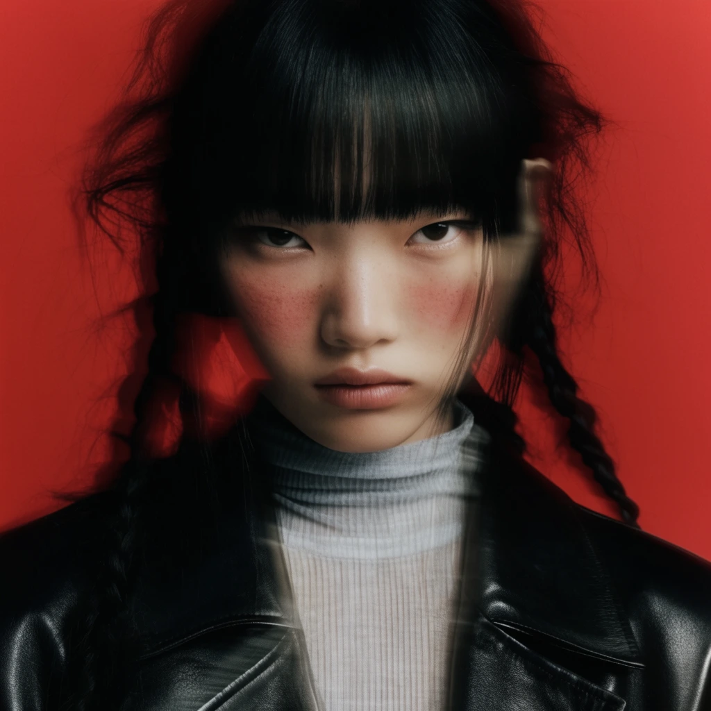 Close-up portrait of a young Asian woman, intense stare, black hair with blunt bangs and messy braids, subtle motion blur creating a double-vision effect, pale skin, light freckles, soft blush, black leather jacket with wide lapels, light gray ribbed high-neck shirt, flat vibrant crimson red background, edgy fashion editorial photography, high contrast, moody atmosphere