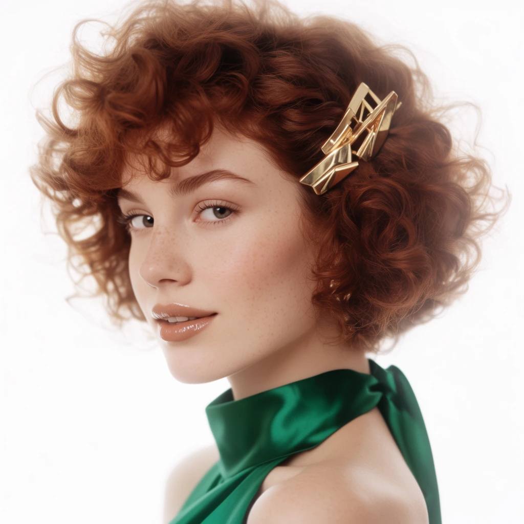 A studio beauty portrait of a young woman with short, voluminous curly auburn hair looking over her shoulder directly into the camera lens. She has fair skin with a dusting of freckles, glossy nude lips, and a large metallic gold geometric hairpin securing a section of her curls. She wears an emerald green silk halter top. The composition features high-key, soft ethereal lighting against a seamless pure white background, captured with a shallow depth of field to highlight her gentle facial features and the rich textures of the silk and metallic accessories.