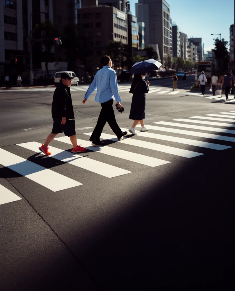 Three people cross a sunlit pedestrian crosswalk in a city intersection, casting long shadows. On the left, a person wearing a black jacket, dark shorts, a black cap, and bright red sneakers walks forward. Next to them, a taller person in a light blue button-down shirt and black pants walks in the same direction, holding a dark object in their right hand. To their right, a person in a dark dress and white sneakers carries an open dark umbrella. The crosswalk is marked with bold white stripes on the dark asphalt. A large shadow stretches diagonally across the foreground, enveloping the bottom right corner of the frame. In the background, other pedestrians, vehicles, and multi-story buildings line the bustling street under a clear, bright sky. The lighting highlights the contrast between the illuminated crosswalk and the deep shadows cast by the surrounding structures.