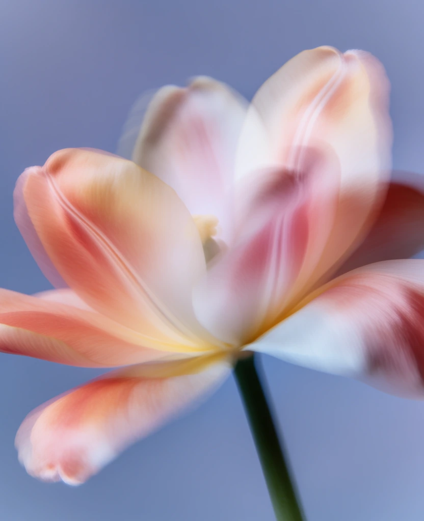 A single flower fills most of the frame, rendered so softly that it feels halfway between a photograph and a dream, with petals dissolving into light against a smooth blue background. Soft-focus macro photography, impressionistic floral portrait, dreamy, ethereal, painterly blur, abstracted realism, shallow depth of field, low visual complexity, serene, delicate, hazy, romantic, contemporary fine-art botanical, visually adjacent to Georgia O’Keeffe in subject intimacy, Sarah Moon in softness, and Impressionist color-field floral imagery, pastel-peach, coral, blush pink, cream, pale yellow, faint green, periwinkle-blue background, diffused lighting, low-to-moderate contrast, gentle exposure, no hard shadows, likely wide aperture macro shot, extreme blur/bokeh effect, no obvious grain, no visible text, no borders, no watermark. The flower sits centered overall but leans slightly to the right, with its stem rising from the lower center edge and angling subtly upward into the bloom. The stem is slender and green, most visible in the bottom middle where it is darkest and most defined before fading into blur as it meets the flower’s base. The blossom opens broadly across the middle of the image, occupying nearly the full width from left-center to right edge. On the left side, a large peach-coral petal spreads outward like a fan, reaching from the lower-left quadrant up to the upper-left quadrant, its edge soft and feathery. Near the top center-left, another upright petal rises vertically, broader at the top and narrowing toward the flower’s center, colored warm peach with creamy highlights. In the center, the inner petals glow with pale pink, cream, and a whisper of lavender-white, creating the brightest area of the image. On the right side, a tall petal curves upward along the upper-right quadrant, warmer and more orange-coral, while below it a softer petal arcs outward toward the right edge and tapers into a blurred, ribbon-like extension. A faint greenish-yellow area appears just right of center at the flower’s throat, suggesting the base of the petals. The background is an even, uninterrupted matte blue filling the entire frame, making the luminous flower appear suspended in air.