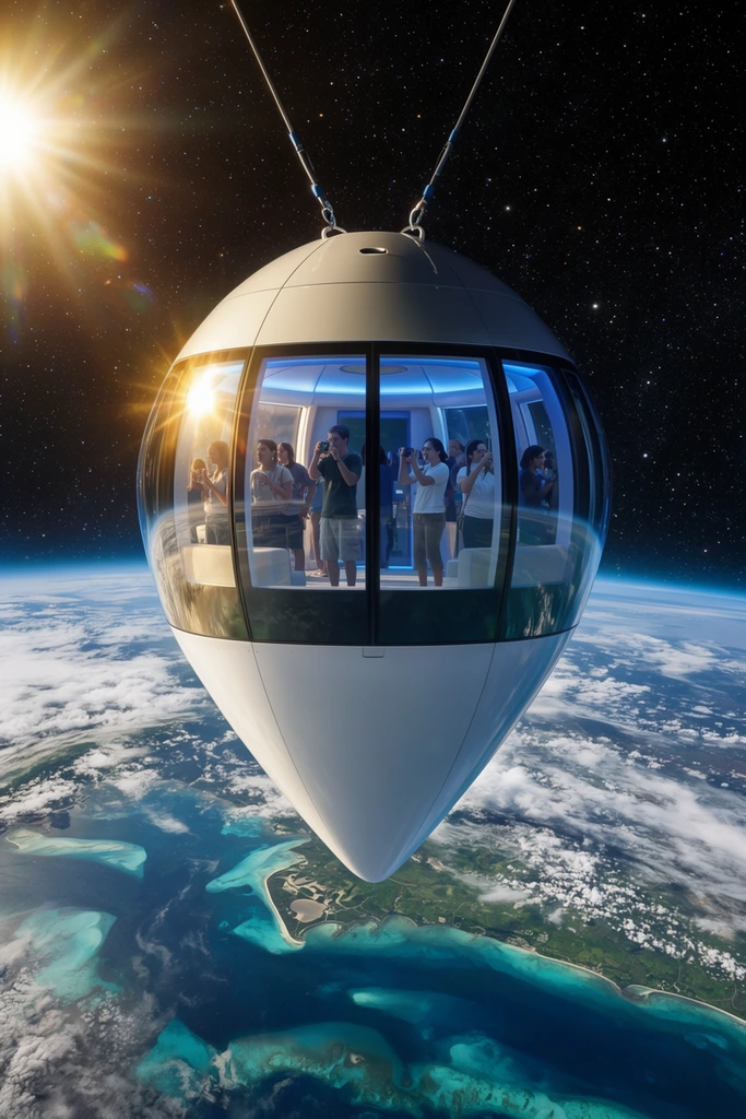 A sleek, teardrop-shaped observation capsule hangs in the upper atmosphere against a star-filled expanse of space, orbiting high above Earth. The vessel features a panoramic band of curved glass windows revealing an interior bathed in soft blue light, where passengers stand taking photographs. The capsule's lower half is a smooth white cone, with sturdy tethers extending upward from the roof. Far below, the planet displays swirling clouds, deep azure oceans, and turquoise shallow waters bordering green landmasses. A brilliant sun bursts from the upper left, casting a dramatic lens flare across the void and a sharp golden reflection across the capsule's glass in this cinematic, photorealistic render.