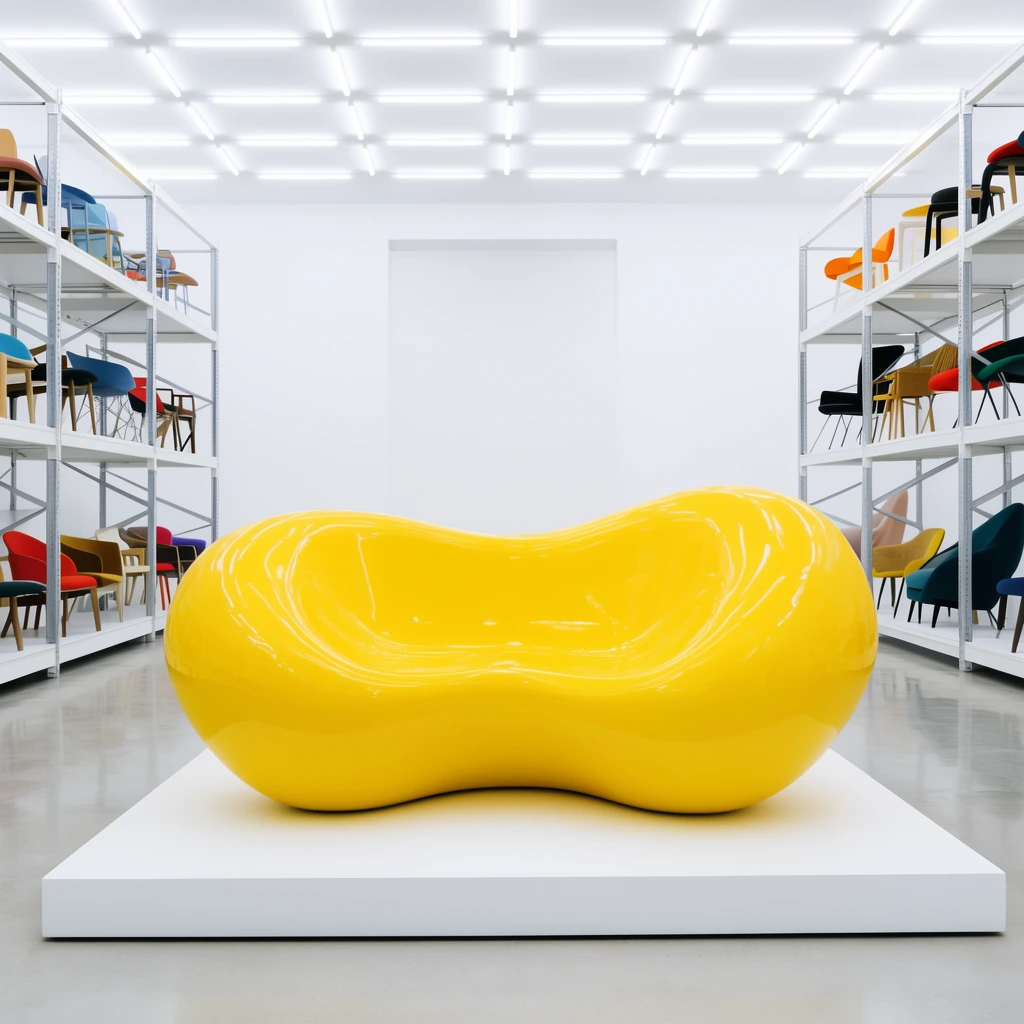 A bright yellow, glossy kidney-shaped sculptural seat rests on a plinth in a bright white gallery. Flanking industrial shelves display colorful modern chairs. The ceiling features a grid of linear lights over a polished floor.
