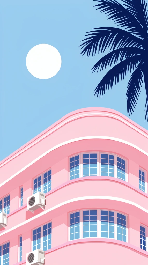 pastel pink Art Deco building facade, curved balconies, white air conditioners, light blue sky, white sun, dark blue palm frond silhouette, minimalist flat vector illustration, retro aesthetic