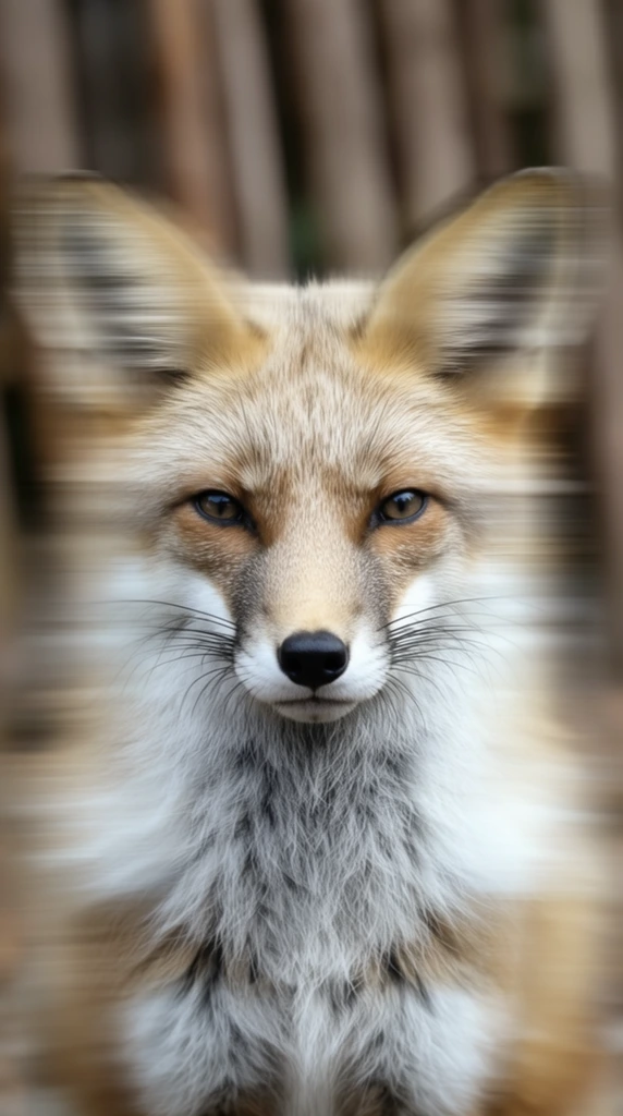 Close-up portrait of a wild fox featuring intense horizontal motion blur across its large ears and peripheral head. The central facial features, including sharp dark eyes, a black nose, and a white muzzle, remain perfectly in focus. The animal has a tan and white coat with thick neck fur. Heavily blurred vertical brown elements fill the muted background. Natural lighting and a shallow depth of field contrast the static, highly focused face with the surreal, streaking motion blur.