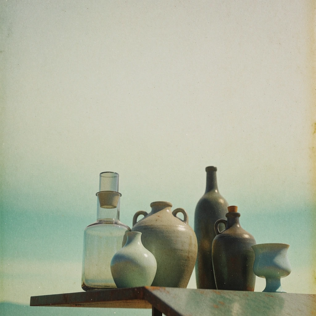 still life arrangement of ceramic vases and a glass carafe on a tabletop against a vast dusty teal sky with cream clouds, rendered in a nostalgic vintage 35mm film aesthetic with heavy organic grain, muted desaturated palette, soft diffused light, ethereal atmosphere with significant negative space, low-angle perspective, dusty tones, soft focus, a sense of quiet isolation and melancholic beauty, reminiscent of a faded mid-century photograph