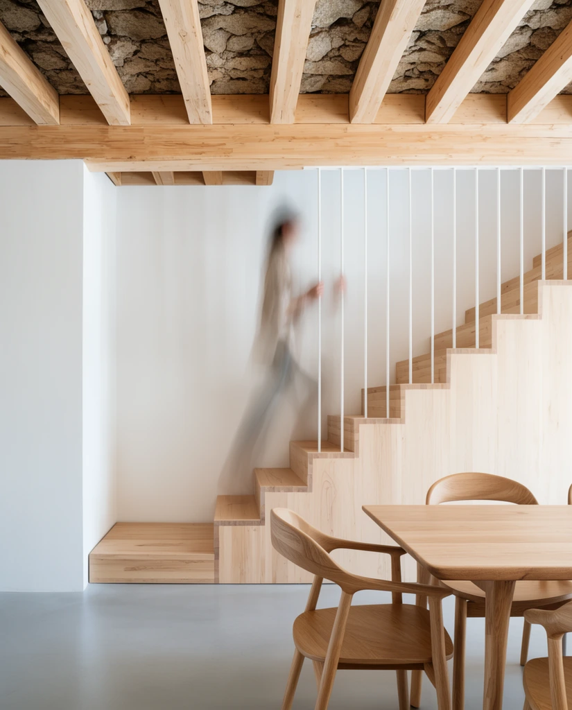 A blurred, ethereal figure ascends a minimalist light wood staircase against a stark white wall, captured via long exposure. Delicate white metal balusters border the steps beneath a ceiling of exposed wooden beams and rough stone. Bright natural light illuminates the warm wood tones and smooth gray floor. A matching wooden dining table and curved chairs sit in the foreground, completing the clean, Scandinavian architectural composition.