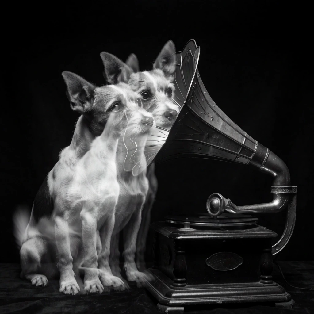 black and white high-contrast photography, stroboscopic effect with multiple ghosted exposures of a small dog peering into the horn of an antique gramophone, sequential motion trails capturing physical movement in a single frame, long exposure with ethereal blurred overlays, dramatic chiaroscuro lighting against a deep black void, elegant chronophotography aesthetic, sharp details blended with soft motion blur, minimalist centered composition, vintage surrealism style.