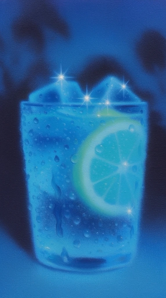 A monochromatic blue oil painting of a condensation-covered glass holding ice, a carbonated drink, and a lemon slice, rendered with a luminescent glow. The central glass is thickly coated with water droplets, containing bubbling liquid, angular ice cubes, and a distinct lemon slice, all painted in varying shades of bright cyan and aquamarine. Intense, radiant points of light featuring sharp, four-point starburst flares emanate directly from the ice cubes and the condensation on the glass. The glowing beverage sits against a deep indigo and midnight blue background composed of soft, indistinct, shadowy silhouettes. The artwork features a heavily granular canvas texture, utilizing a soft sfumato blending technique with blurred edges and a strictly monochromatic blue color palette to create a hazy, nocturnal aesthetic.