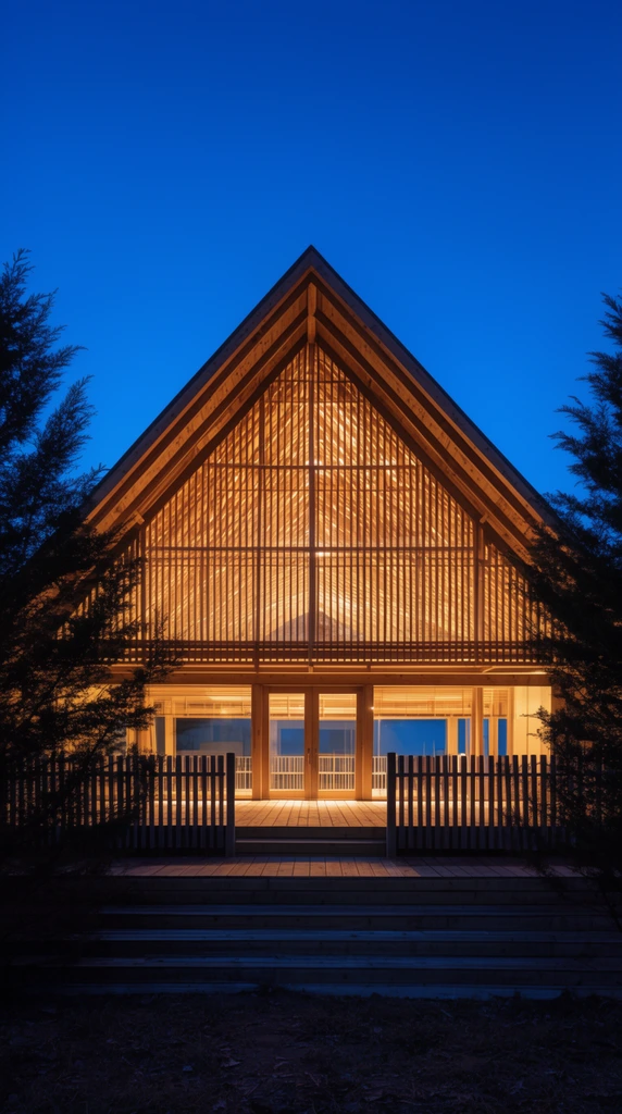 A symmetrical modern building with a large triangular slatted-wood roof glows with radiant amber light against a vibrant deep blue twilight sky. The translucent timber gable and illuminated ground-floor glass doors spill warm artificial light onto a fenced wooden deck. Wide, low steps ascend from the dark, shadowy foreground, flanked by dark silhouetted evergreen trees in a striking architectural photography composition highlighting the contrast between warm and cool tones.