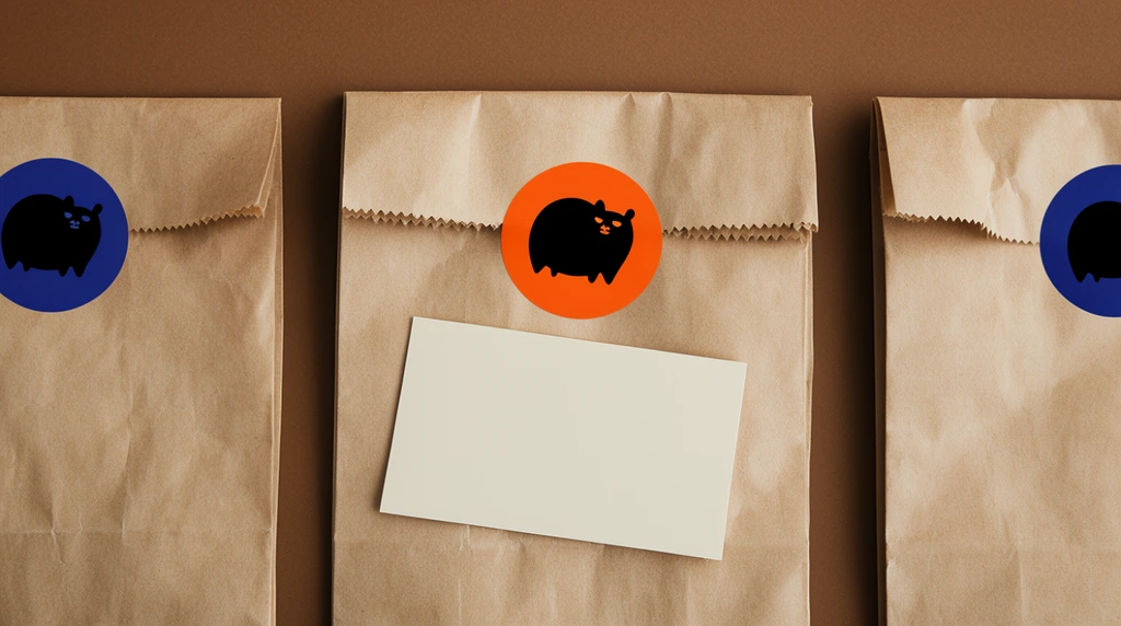top-down flat lay of three folded brown kraft paper bags on a matte brown surface, serrated top edges and natural paper creases, a rectangular off-white card rests on the center bag, circular stickers in vibrant orange and dark blue adorn the bags, stickers feature a stark black minimalist silhouette illustration of a stylized round animal, soft diffused studio lighting, warm earth-tone color palette, minimalist composition, tactile paper textures