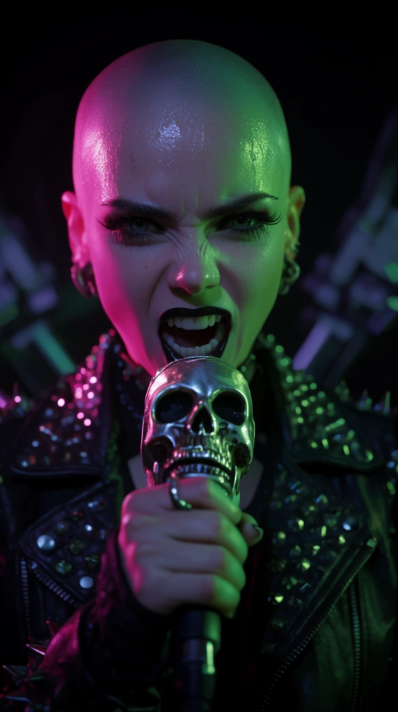 A bald female punk vocalist intensely grips a skull-shaped microphone under vibrant neon lighting. She wears a studded leather jacket, with magenta and green spotlights highlighting her sharp features and sweaty forehead. The pitch-black background features faint silhouettes of angular machinery. Captured with a cinematic shallow depth of field, the composition emphasizes her aggressive expression against the dark, futuristic club setting.