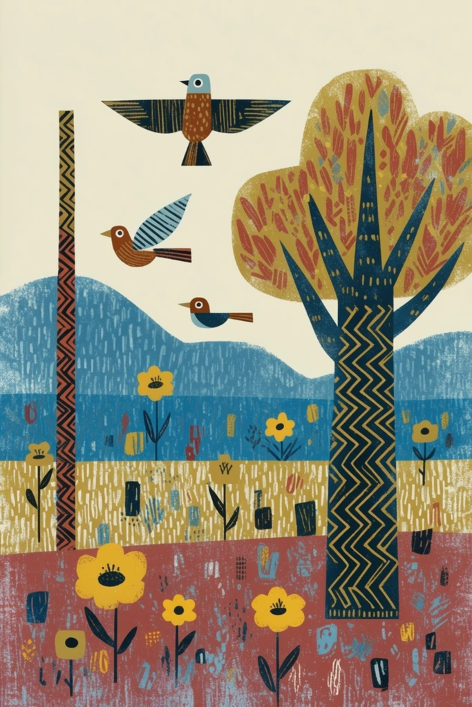 Retro Folk Risograph style AI image example 2