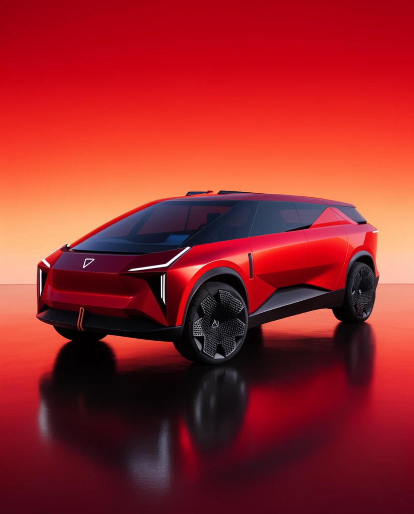 A futuristic red concept vehicle rests on a glossy studio floor against a vibrant red-to-orange gradient background. The angular car features expansive tinted glass, thin LED headlights, and honeycomb-patterned wheels.