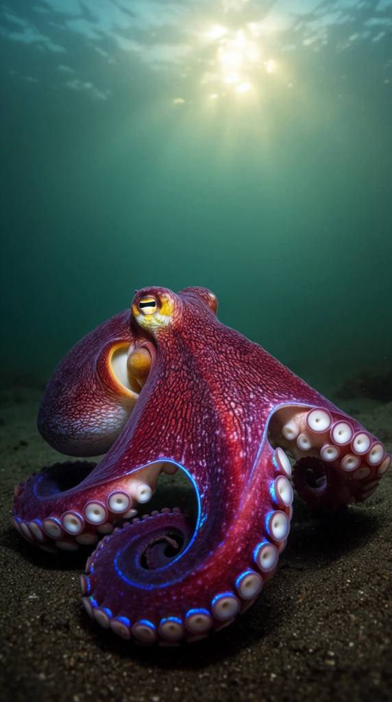 A vibrant octopus resting on the ocean floor, illuminated by a shaft of sunlight piercing through the water's surface above. The octopus's body is a deep, textured reddish-purple, featuring intricate patterns of lines and speckles. One prominent eye, with a distinctive rectangular pupil and yellow surrounding tissue, is clearly visible on the side of its head. The animal's tentacles are curled gracefully, revealing two rows of bright white suckers edged with a striking, bioluminescent-like iridescent blue line running along the margins of the arms. The ocean floor is composed of dark, grainy sand. The background water transitions from a murky dark green near the bottom to a brighter, translucent turquoise closer to the surface, where the sunlight diffuses into a soft, glowing patch.