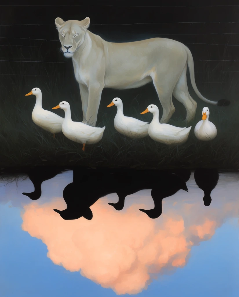 surreal scene of a pale lioness and five white ducks standing in dark grass by water, pale lioness with closed eyes, dark background with faint horizontal wires, foreground reflective pool, dark animal silhouettes mirrored in water against a vibrant reflection of a fluffy peach cloud and blue sky, magical realism, stark contrast between dark upper half and luminous reflection below, smooth brushwork
