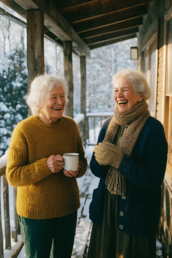 two elderly women on a snowy porch, one in mustard sweater holding a mug, other laughing in navy cardigan and wool scarf, wooden railings, warm sunlight, vintage film grain
