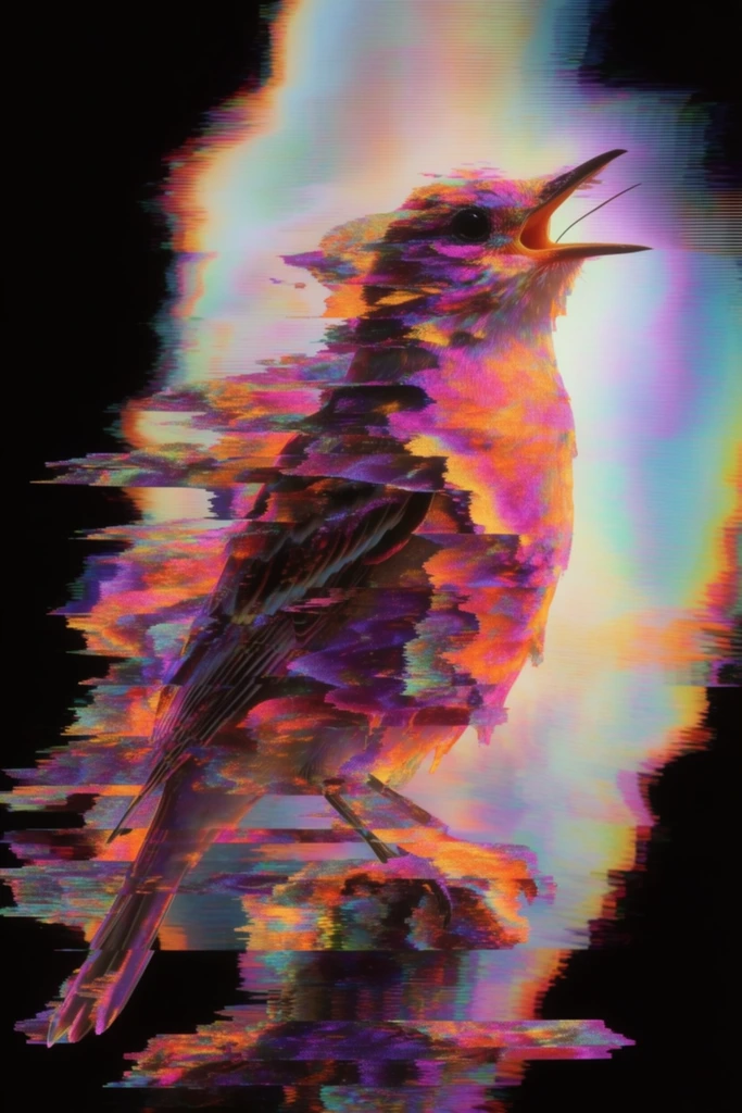A bird with a wide-open beak undergoing intense digital fragmentation and pixel sorting. The avian silhouette fractures into jagged, horizontal striations of vivid magenta, bright orange, deep purple, and golden yellow. These digital smears pull the bird's physical form outward, blending its glowing contours with the surrounding environment. An intensely luminous, iridescent light emanates from behind the bird, heavily distorted by CRT scanline artifacts and digital interference. The vibrant, melting colors of the bird and the central glow starkly contrast with the pure, harsh black voids framing the extreme edges of the composition. The entire image exhibits a heavy glitch aesthetic, with the bird's structural details dissolving into shimmering, comb-like digital noise and overlapping, fragmented layers.