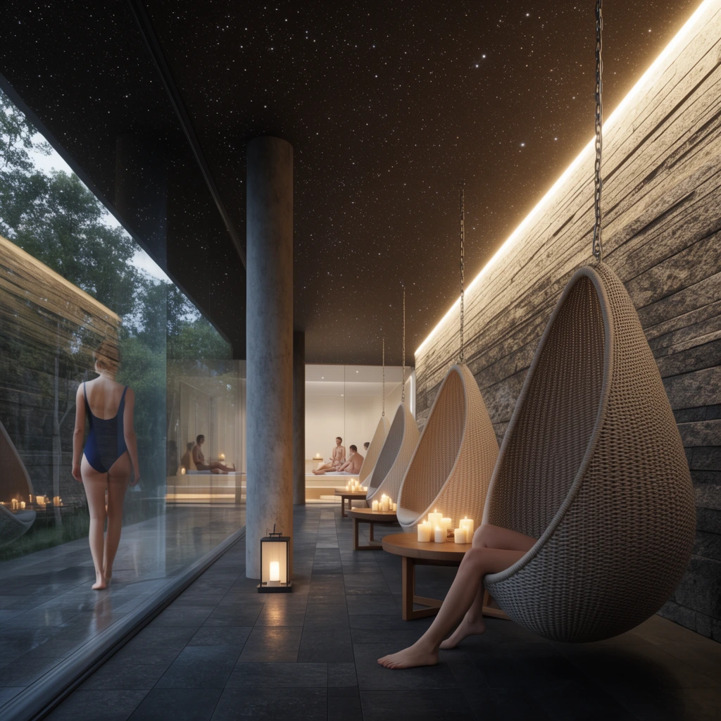 A modern indoor wellness retreat features teardrop woven chairs suspended from a dark, star-speckled ceiling. Bare legs rest in the foreground chair beside wooden tables with glowing candles. A textured stone wall on the right is washed in warm linear light. A glass window on the left reflects a woman in a swimsuit and reveals exterior trees. A floor lantern rests on the dark tiled floor near a central concrete pillar. Figures relax in a bright distant room. Photorealistic architectural rendering.