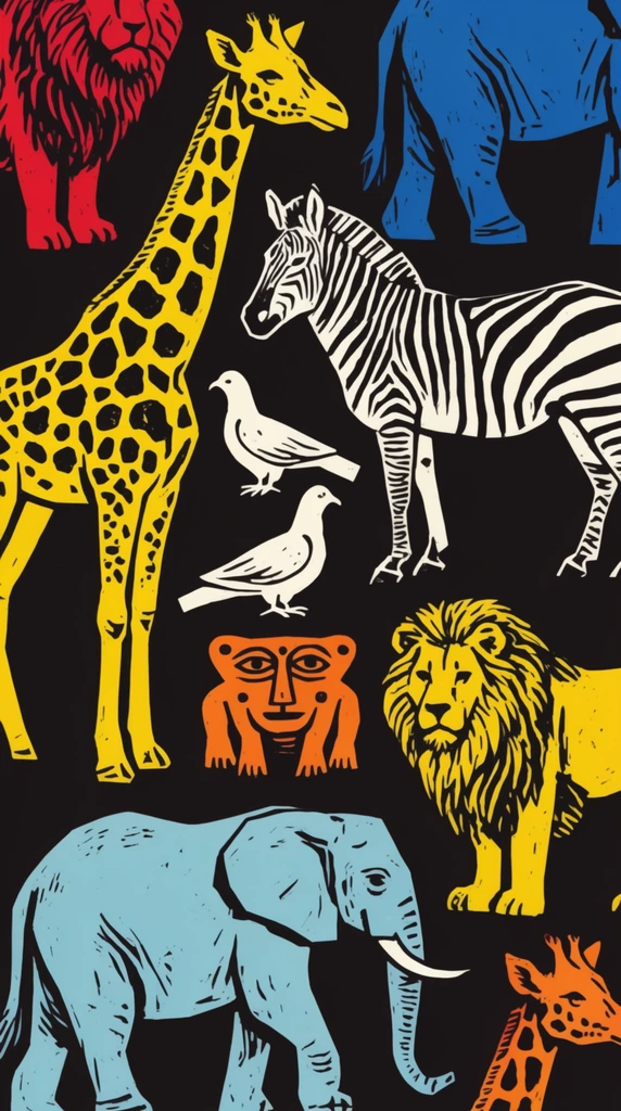 A dense graphic pattern of wild animals rendered in a bold linocut print style against a solid black background. The tightly packed composition uses flat, vibrant colors defined by thick black contours and blocky shading. A bright yellow giraffe with irregular black spots stands beside a striking white and black zebra. Two stylized white doves rest centrally above a light blue elephant with a curved trunk and a yellow lion with a prominent mane. An unusual orange creature with a stylized face sits between them. Cropped borders reveal portions of a red beast, a blue elephant's hindquarters, and an orange giraffe head, forming a seamless textile motif with a mid-century aesthetic.