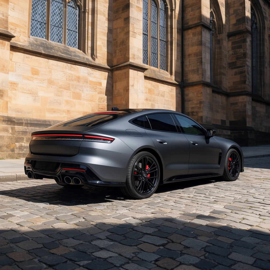A matte dark grey performance sedan with a sloping sportback roofline sits on a cobblestone street beside a historic stone cathedral. The vehicle features a continuous red LED taillight strip, a rear diffuser with dual exhausts, and black alloy wheels with red brake calipers. Bright sunlight casts sharp geometric shadows across the textured pavement and the warm tan sandstone facade. A low rear three-quarter angle highlights the car's muscular haunches against the building's tall architectural windows.