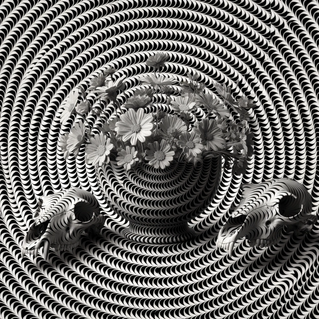 hypnotic peripheral drift illusion, monochromatic grayscale, central bowl overflowing with flowers, flanking animal skulls, all subjects and background composed of repeating concentric rings of black and white crescent segments, high-contrast geometric repetition, rotating visual effect, minimalist surrealist aesthetic, sharp edges, seamless tiled pattern, organic forms integrated into abstract optical layers, meticulous detail, cinematic still life composition.