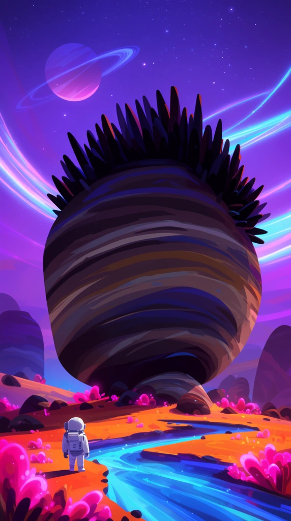 A colossal, striped bulbous rock with dark top spikes towers over a tiny astronaut standing beside a glowing blue stream. The vibrant alien terrain features glowing pink flora and orange earth under a starry purple sky with a ringed planet and luminous energy trails in this stylized sci-fi digital illustration.