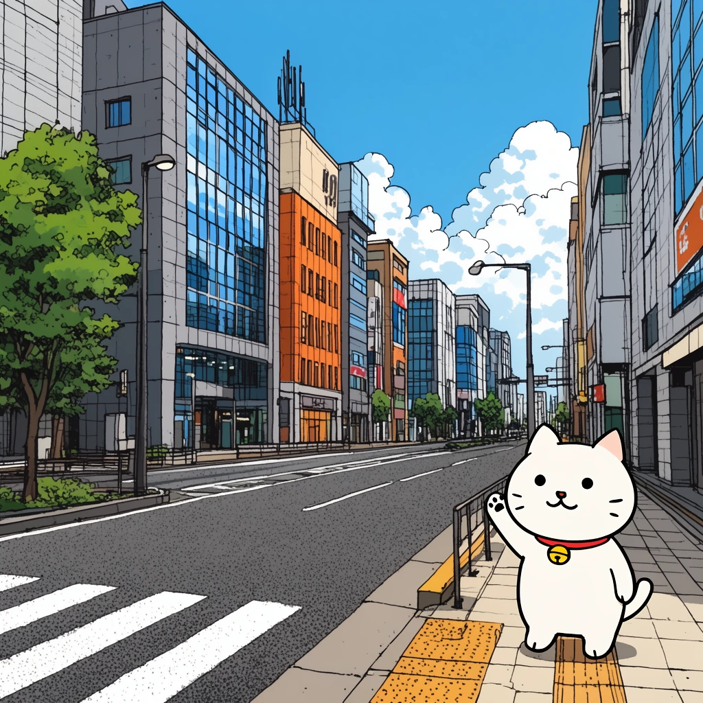 A crisp illustration of a quiet multi-lane city street under a bright blue sky with fluffy cumulus clouds. On the right sidewalk, a small, round, white cartoon cat with a red collar and yellow bell stands upright, waving a paw. The street stretches into the background, lined with detailed commercial buildings featuring grey, orange, and blue glass facades. A leafy green tree, crosswalk stripes, and streetlights frame the left side. The artwork utilizes strong black outlines, stippled asphalt textures, and flat coloring, contrasting intricate urban architecture with the simplistic mascot.