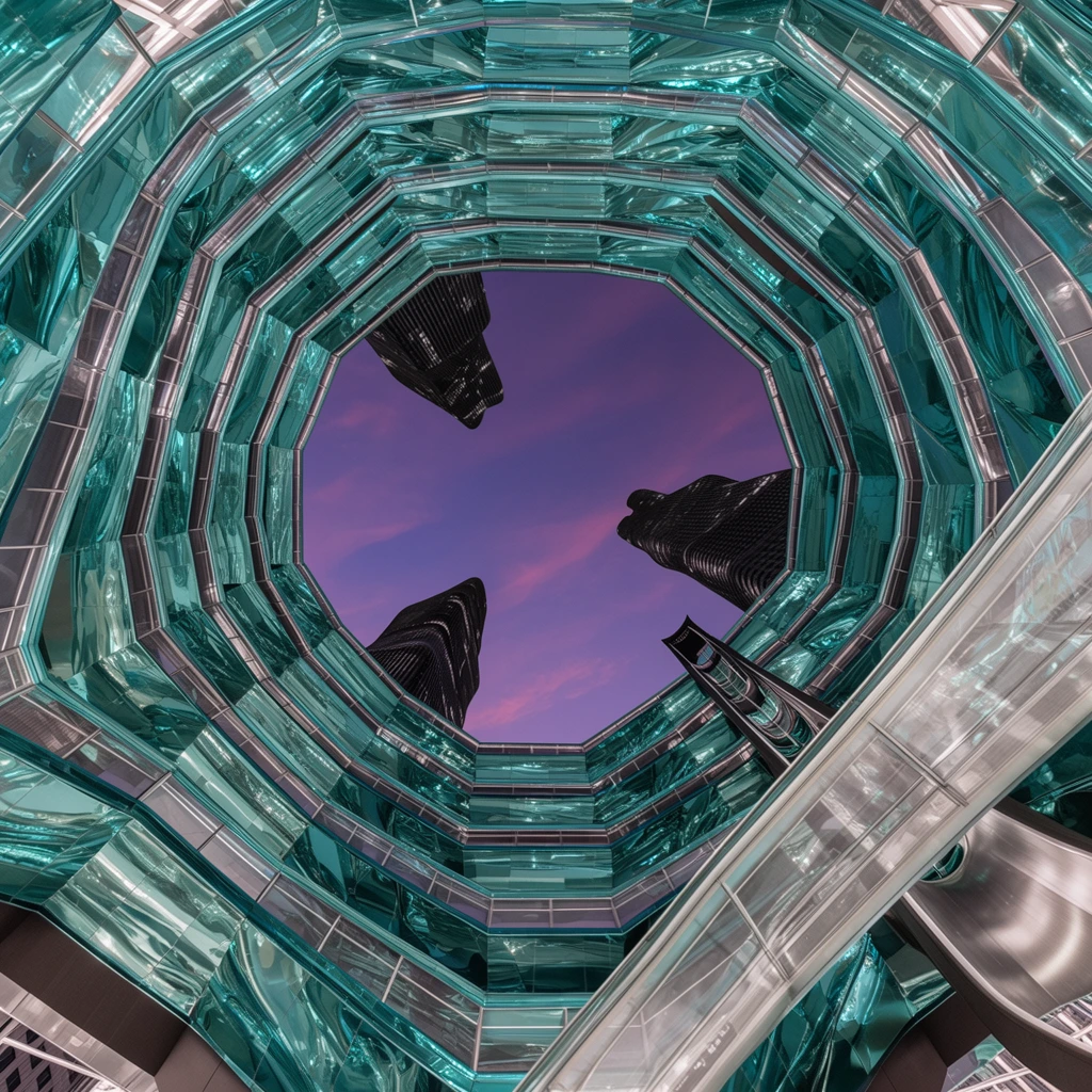 A dramatic low-angle perspective looking straight up through the center of a massive, multi-tiered octagonal structure crafted from iridescent teal metal and brushed aluminum. The intricate architecture features concentric rings of geometric balconies framing an opening to a twilight purple sky streaked with wispy magenta clouds. Reaching into the open space are three towering, spiraling black monolithic skyscrapers. A sweeping translucent glass skybridge intersects the lower right corner of the frame. Captured with an extreme wide-angle lens to emphasize dizzying converging lines, the polished metal surfaces brilliantly reflect the rich ambient sky light. The hyper-detailed composition highlights the complex symmetry, sharp specular highlights, and monumental scale of the futuristic urban environment.