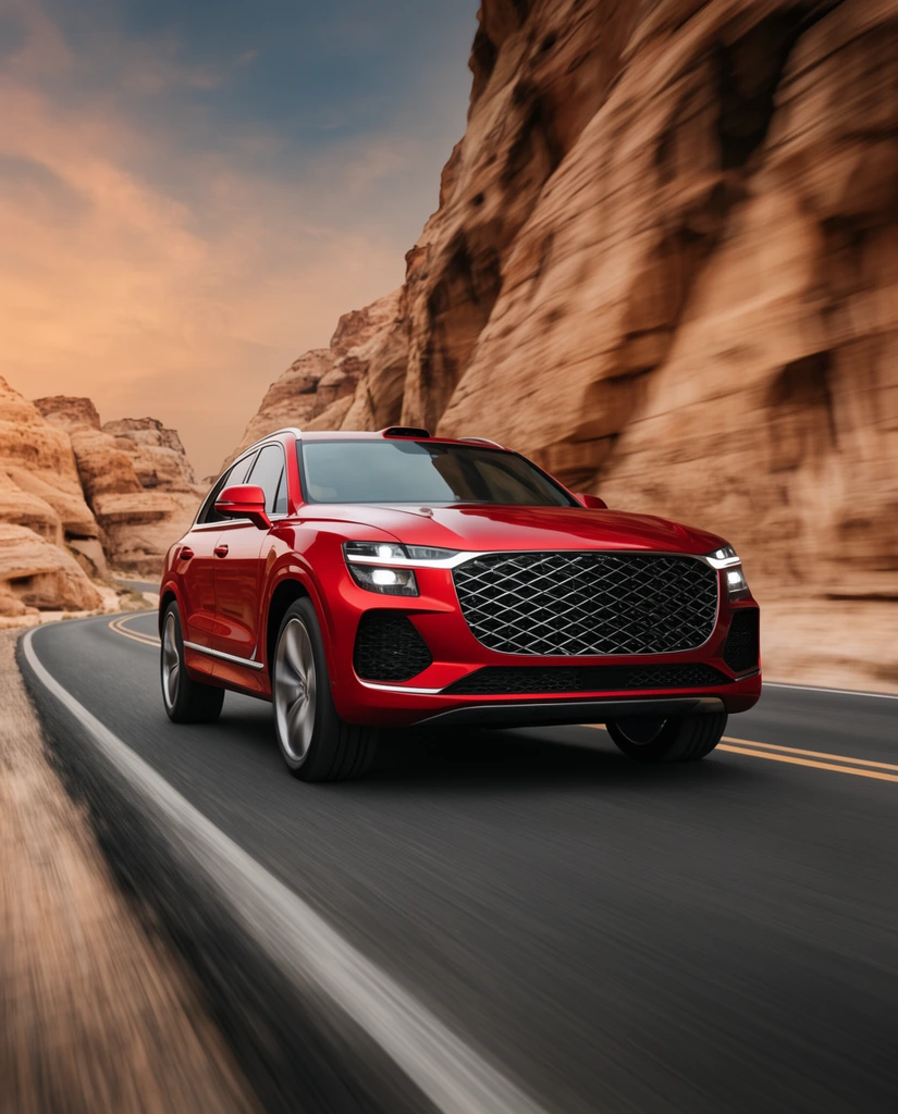 Dynamic low-angle automotive photography of a glossy red luxury SUV speeding along a curved asphalt road with heavy motion blur. The vehicle features a large diamond-mesh grille and split headlights, framed by rugged sandstone cliffs under a warm desert sky.