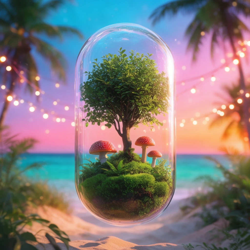 floating transparent pill-shaped glass terrarium, enclosed miniature ecosystem, lush green moss, detailed leafy tree, three red-capped mushrooms, blurred tropical beach sunset background, vibrant blue to pink and orange gradient sky, turquoise ocean, sandy dunes, framing palm trees, draped warm glowing string lights, soft bokeh, magical surreal atmosphere, 3D digital illustration, vibrant dreamy lighting