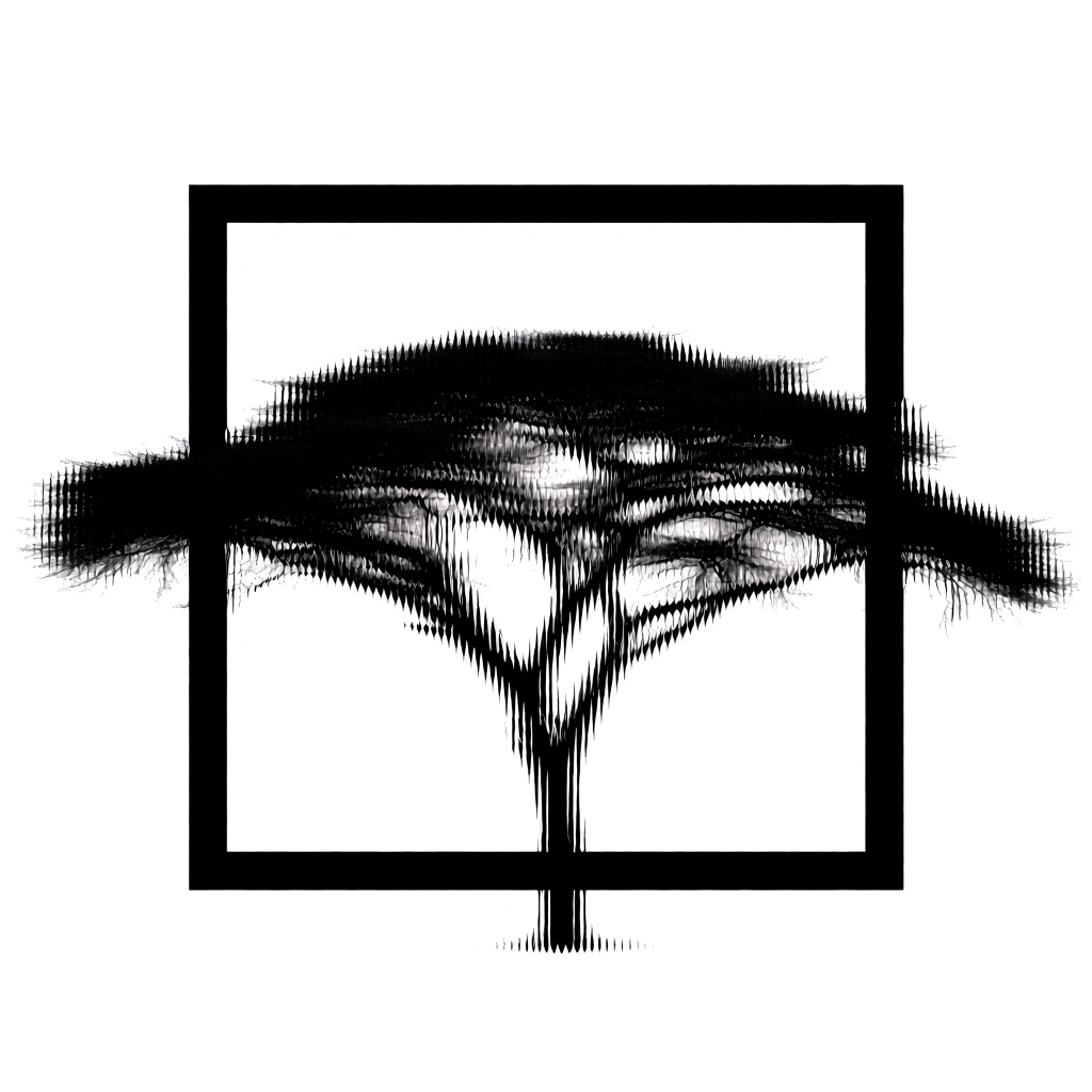 minimalist acacia tree silhouette featuring a flat-top canopy, a bold geometric square frame positioned behind the foliage, rendered through a dense array of varying vertical black strokes on a stark white background, mimicking digital scanlines and a kinetic barcode aesthetic, high-contrast monochrome palette, sharp vertical distortion, glitch art sensibilities, contemporary graphic design, optical texture, centered composition, clean and sophisticated brutalism.