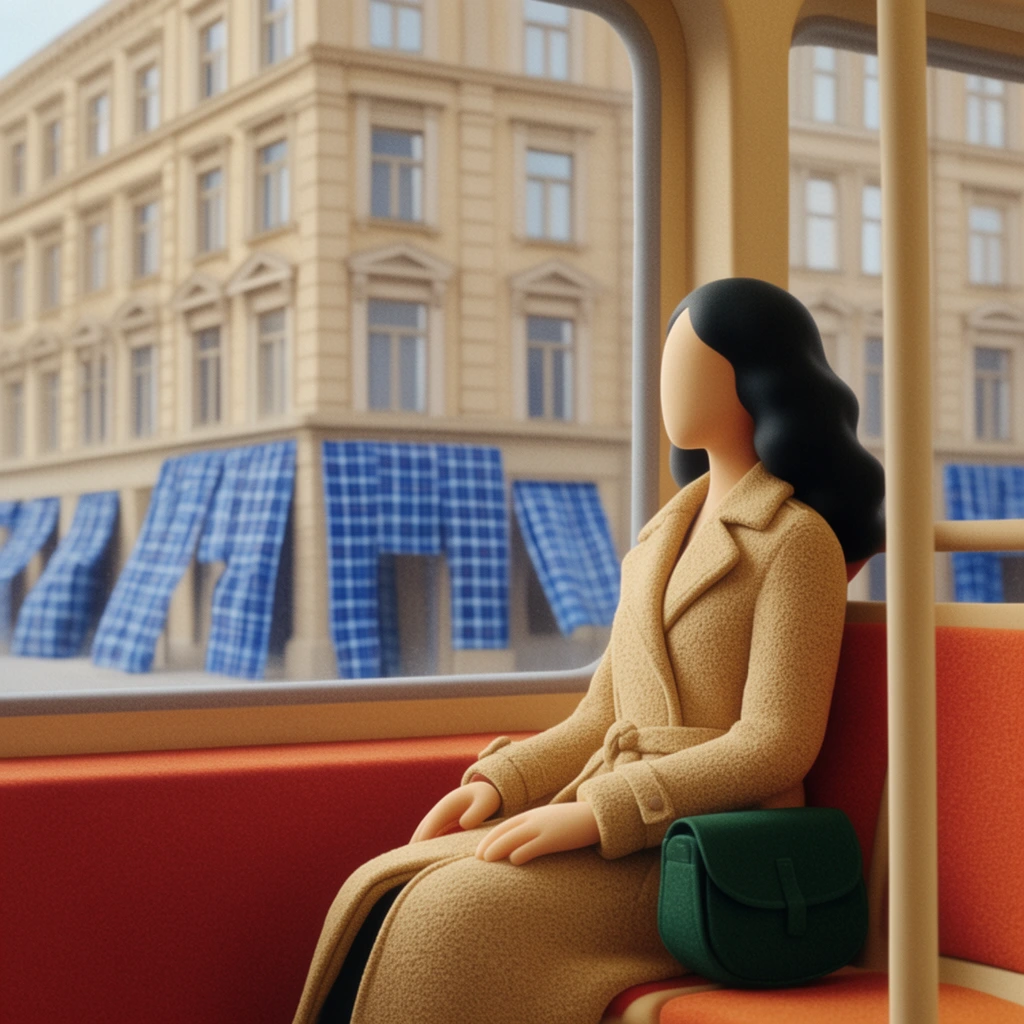 A stylized, minimalist female figure with a featureless face and wavy black hair sits on an orange-red transit seat, gazing out a large window. She wears a tactile tan trench coat, with a dark green saddlebag resting beside her. The vehicle interior features a warm reddish sill and a beige vertical handrail. Outside, a classic beige multi-story building is partially accented by large blue checkered fabric installations at street level. The scene exhibits a miniature diorama aesthetic with a soft matte finish, diffused daylight, and subtle film grain.