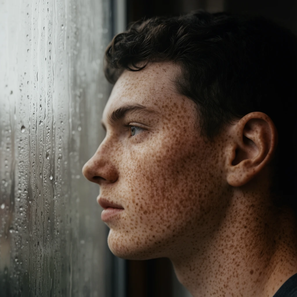 A close-up profile portrait features a young man with heavily freckled skin gazing out a rain-streaked window. The subject has short dark wavy hair, light eyes, and dense brown freckles blanketing his pale cheek, jaw, and neck. Soft, diffused natural light from the glass illuminates his face, highlighting the intricate texture of his skin alongside the smooth water droplets and condensation layering the windowpane. Deep shadows envelop the interior background behind his head, emphasizing a shallow depth of field. The muted color palette of warm earthen skin tones, cool greys, and charcoal shadows defines this sharp, highly detailed photographic composition.