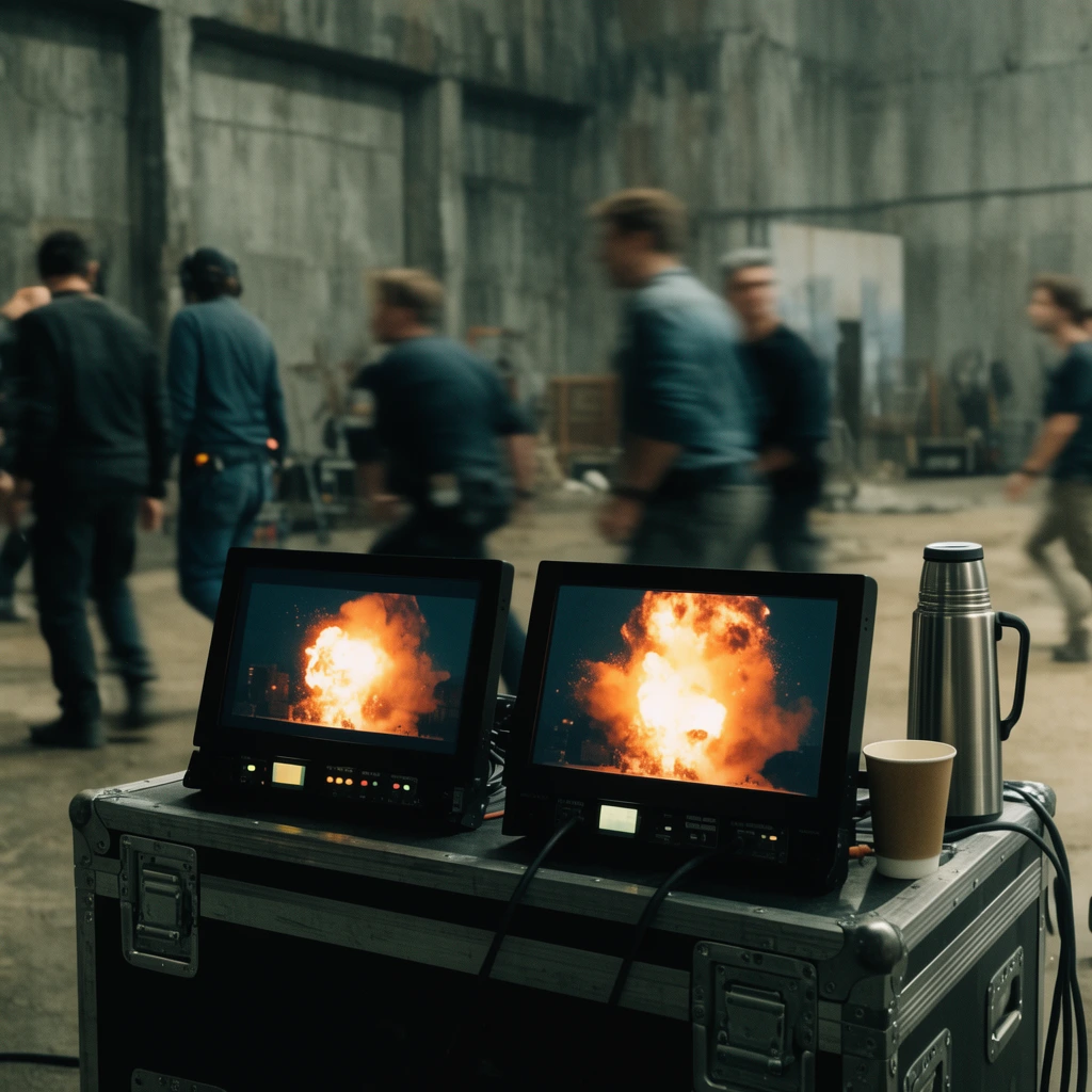 Video monitors on flight cases displaying a fiery explosion, silver thermos, paper cup, blurred industrial concrete film set background, crew in motion, shallow depth of field, cinematic behind-the-scenes style