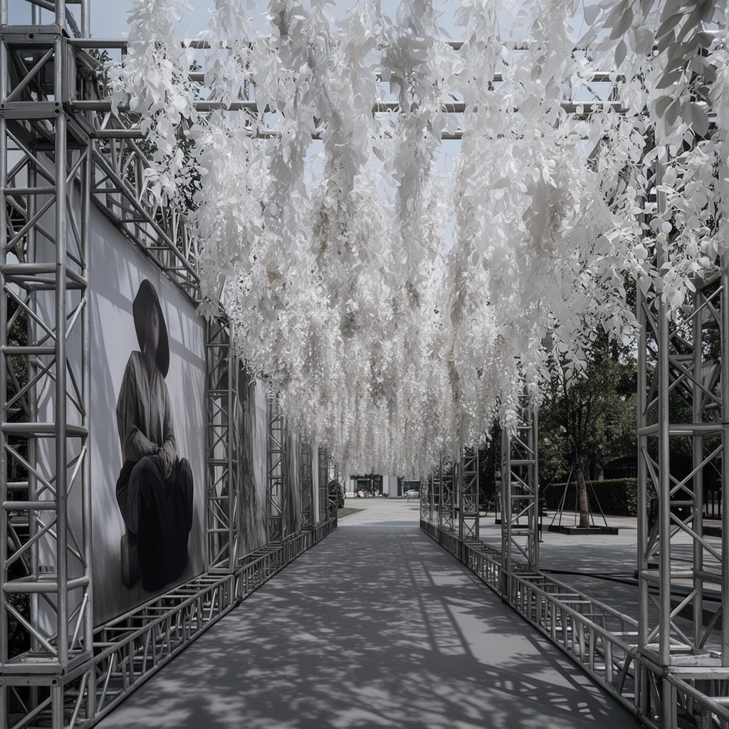 An outdoor paved walkway is framed by rigid metal scaffolding and a dense overhead canopy of cascading white artificial foliage. Deep linear perspective directs the eye down the empty path, where intricate dappled shadows blanket the smooth gray ground. A large display panel on the left features a monochromatic portrait of a seated figure. The scene exhibits a desaturated color palette under bright daylight, emphasizing the textural contrast between bare silver industrial trusses and delicate botanical decorations.
