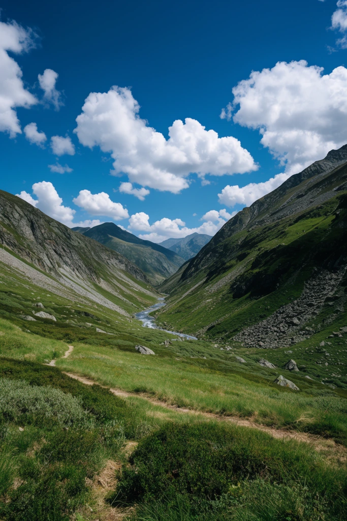 A sweeping V-shaped mountain valley lush with green vegetation under a vibrant blue sky dotted with fluffy white cumulus clouds. A narrow river meanders through the valley floor between rocky slopes, while a faint dirt hiking trail winds through the textured grassy foreground in this wide-angle landscape photograph featuring deep natural sunlight.