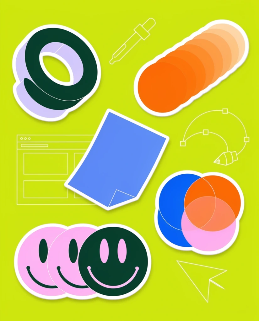 A bright neon chartreuse background features a vibrant array of floating icons blending chunky sticker styles with delicate white line art. The bold sticker elements have thick white borders and drop shadows, including an interlocking dark green and pale purple 3D ring, a sequence of fading overlapping orange discs, a flat blue folded-corner paper sheet, three overlapping pink and dark green smiley faces, and a vivid blue, orange, and pink Venn diagram. Scattered among these colorful pop-art shapes are thin wireframe illustrations of digital tools. These minimalist white outlines depict an angled eyedropper, a structural webpage layout grid, a curved bezier path with square anchor points and a pen nib, and a sharp triangular cursor arrow, creating a dynamic geometric composition.