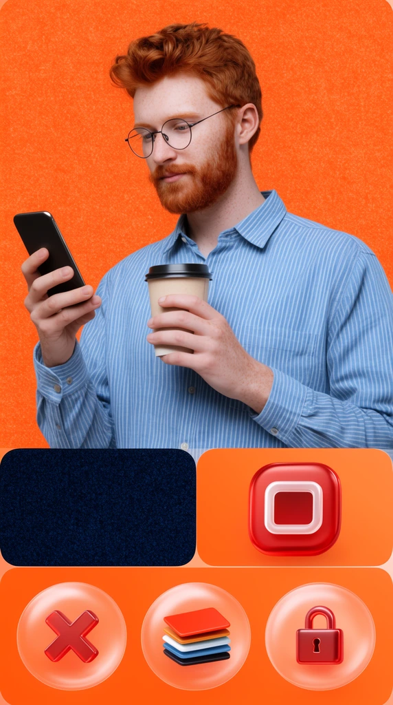 segmented digital layout, young man with red hair and beard wearing wire glasses and a blue striped shirt, looking at a smartphone, holding a coffee cup, vibrant orange textured backdrop, glossy 3D red rounded square icon, dark navy textured rectangle, orange panel with three translucent 3D circular buttons showing a cross, stacked cards, and a padlock, clean modern aesthetic, bright studio lighting
