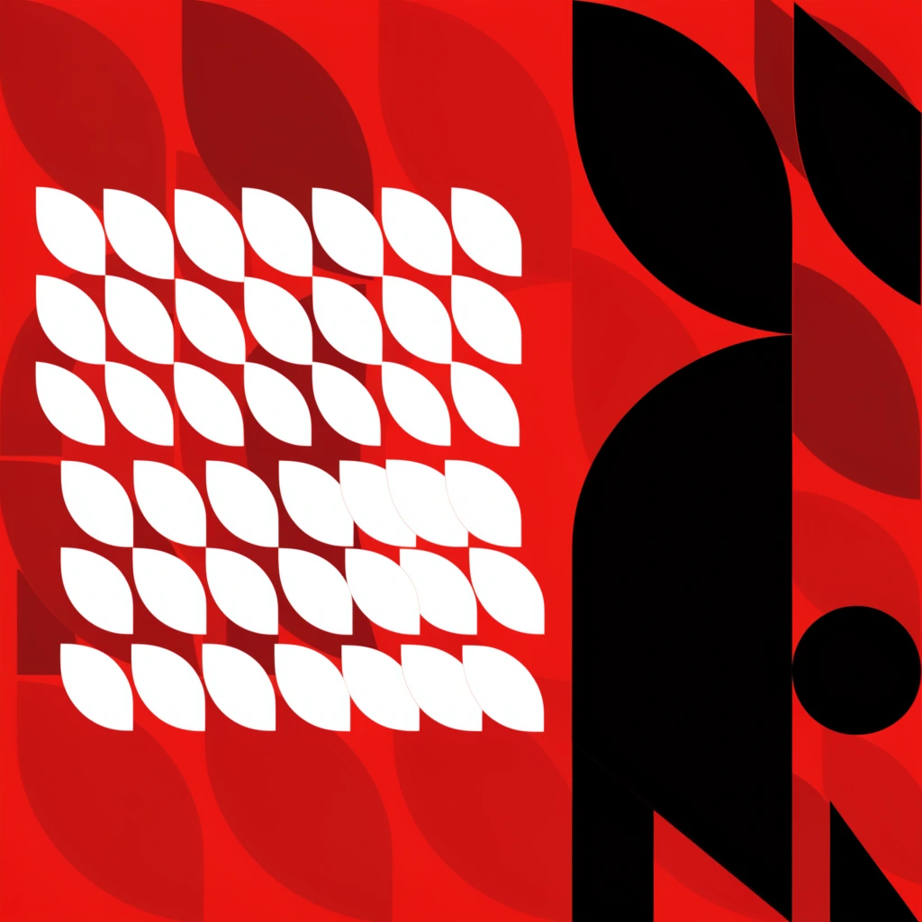 stark modernist graphic composition, vibrant crimson background layered with subtle dark maroon abstract patterns, dense grid of stark white geometric shapes and precise curves stacked in horizontal rows on the center left, massive vertical black geometric construction dominating the right side, thick black curved arches intersecting with straight pillars and sharp diagonals, solitary black circular detail, flat vector aesthetic, high contrast palette of crimson white and solid black, crisp edges, bold minimalist layout