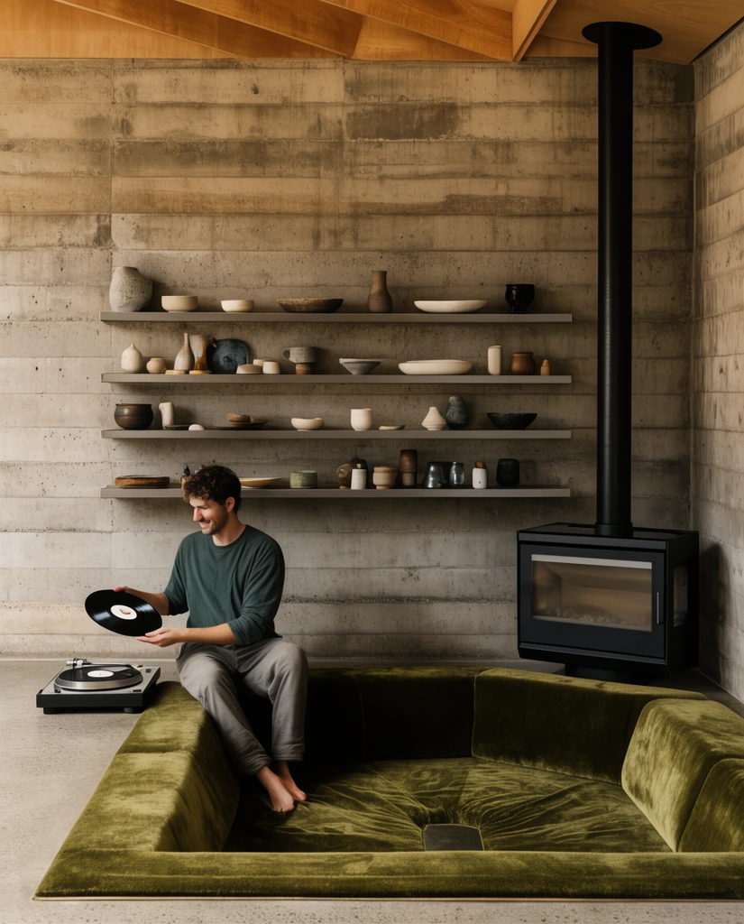 man holding vinyl record at turntable, brutalist board-formed concrete wall, floating shelves with ceramics, black wood-burning stove, sunken olive green velvet seating pit, warm architectural photography