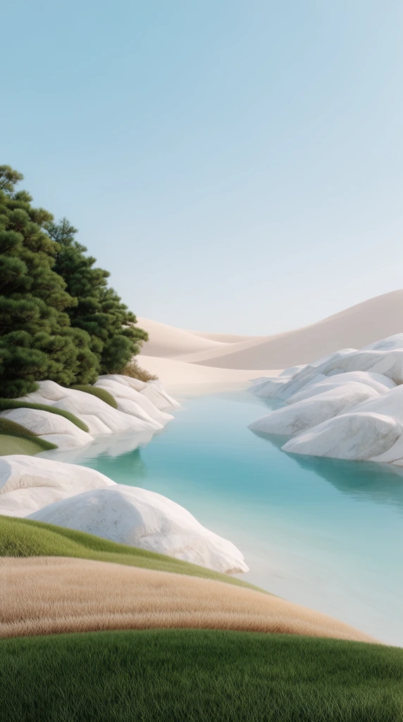 A surreal minimalist landscape with a calm turquoise lake winding between smooth white rocks and pale sand dunes. Manicured green and tan grass line the foreground alongside dense green pine trees under a clear blue sky, rendered with soft lighting.