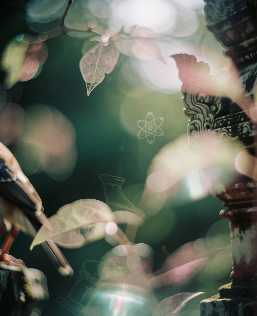 macro dreamscape, extremely shallow depth of field with selective focus, bird's plumage and weathered temple facade fragment obscured by translucent leaves, floating etched science icons like an atom and beaker, ethereal backlighting creating soft halation, overexposed pearlescent whites, deep forest green backdrop, painterly bokeh, organic textures bleeding into hazy abstraction, 35mm film grain, muted sepia and rose accents, high-signal tactile quality