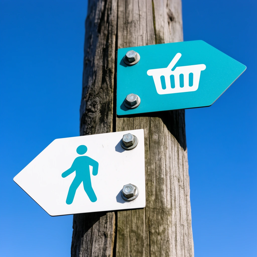 teal and white arrow-shaped signs bolted to a weathered wooden post against a clear blue sky, top teal sign pointing right with a shopping basket graphic, bottom white sign pointing left with a figure graphic, metal hex bolts, bright daylight, low angle