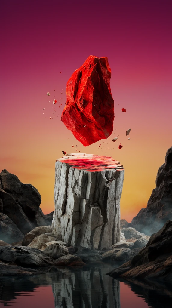 A jagged, intensely illuminated red rock levitates above a fractured, grey-white stone pillar in a surreal landscape. Small fragments of debris drift away from the suspended red stone in mid-air. The pedestal-like pillar features deep vertical striations and a flattened top reflecting the crimson glow. A smooth gradient sky transitions from deep magenta at the zenith to warm golden-orange at the horizon. Dark, rugged rocky outcroppings flank the central formation, rising from a calm, dark body of water that mirrors the desolate terrain. Faint wisps of mist cling to the base of the rocks. Highly cinematic lighting emphasizes the hyper-realistic geological textures, creating a striking visual contrast against the vibrant, otherworldly backdrop.