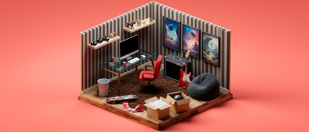 An isometric 3D diorama of a workspace on a wooden platform against a solid coral background. A vertically striped wall anchors a glass-topped desk, a silver computer monitor, and a red swivel chair on a shaggy brown rug. Floating shelves display miniature cameras, animal figurines, and pyramids. Three framed surreal sci-fi landscape prints hang nearby. A red electric guitar rests against a black amplifier next to a dark grey beanbag. The floor holds a patterned skateboard, scattered red sneakers, a wastebasket, and two open cardboard boxes containing packing peanuts and a dark sphere. Studio lighting and soft shadows emphasize the clean, stylized miniature aesthetic.