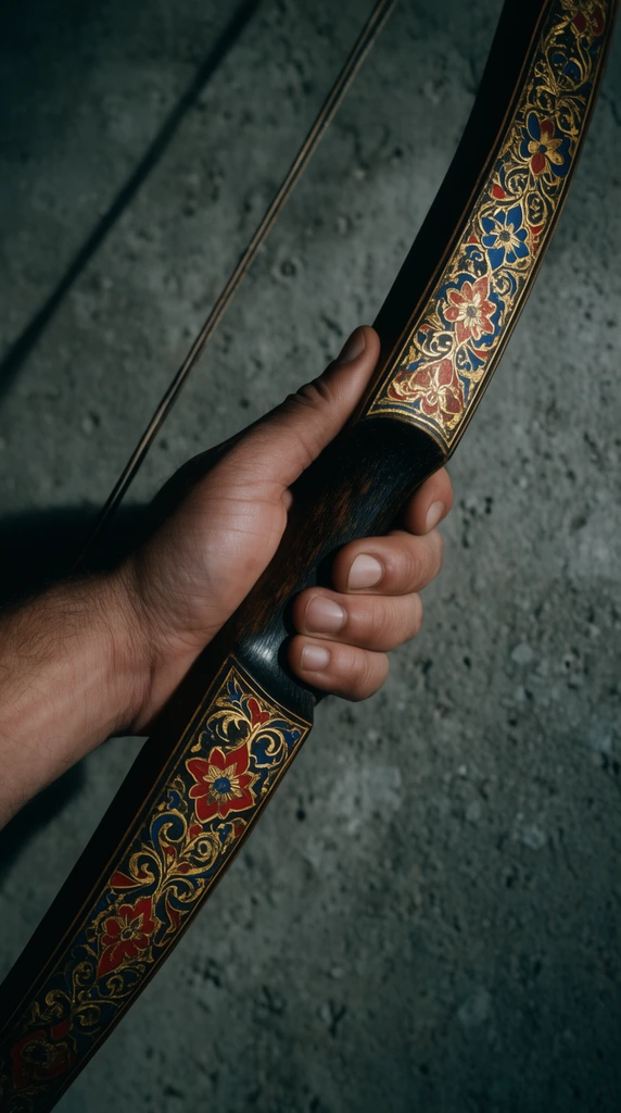 hand gripping an ornate recurve bow, intricate gold red and blue floral motifs on a dark finish, textured grey concrete background, dramatic lighting, diagonal perspective