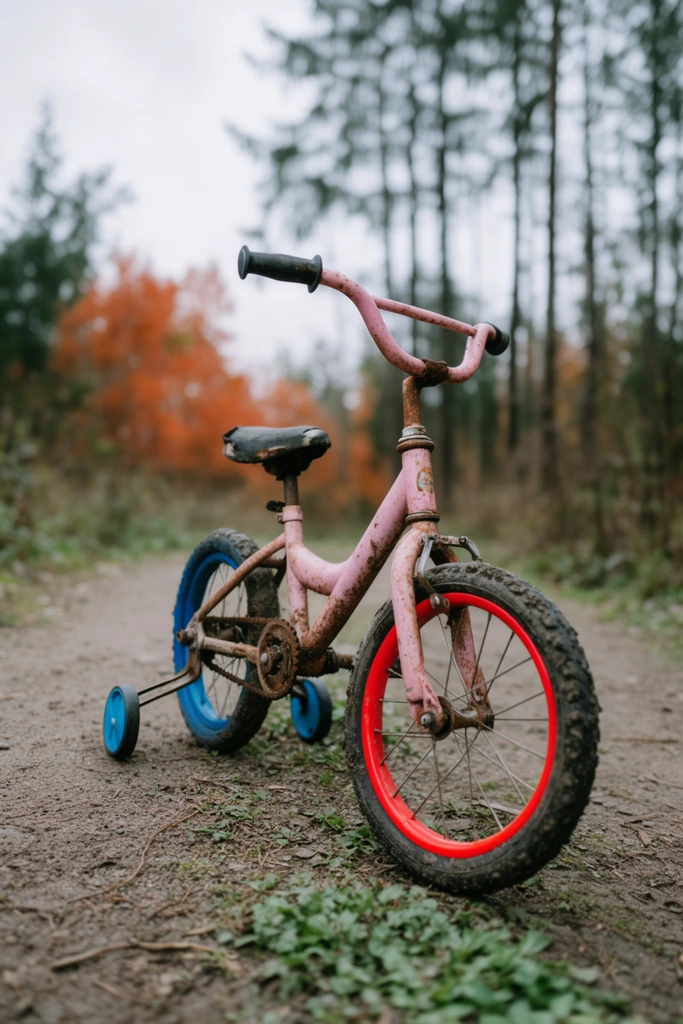 weathered pink children's bicycle with training wheels on a dirt path, rusty frame, muddy tires, bright red front rim, blue rear tire, small blue training wheels, worn black seat, low angle perspective, dirt trail with sparse green ground cover, blurred background of tall thin trees with orange and green foliage, overcast sky, shallow depth of field, soft natural lighting